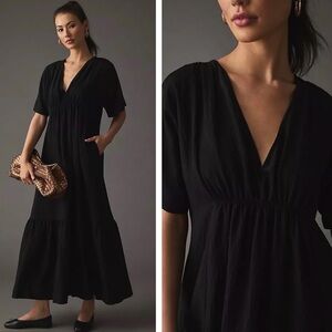 Anthropologie V-Neck Maxi Dress Size XS Black Tiered Short Sleeve Quiet Luxury